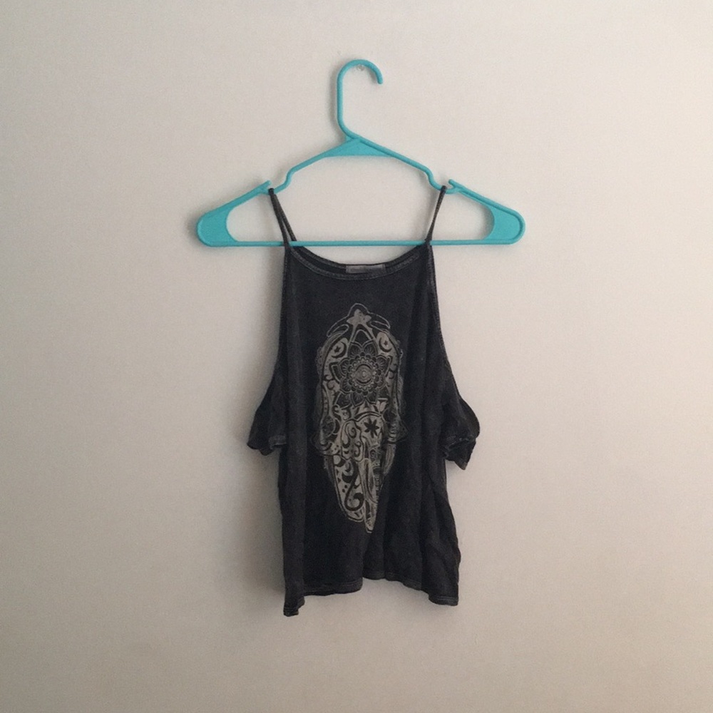 dark grey crop top- off the shoulder ish